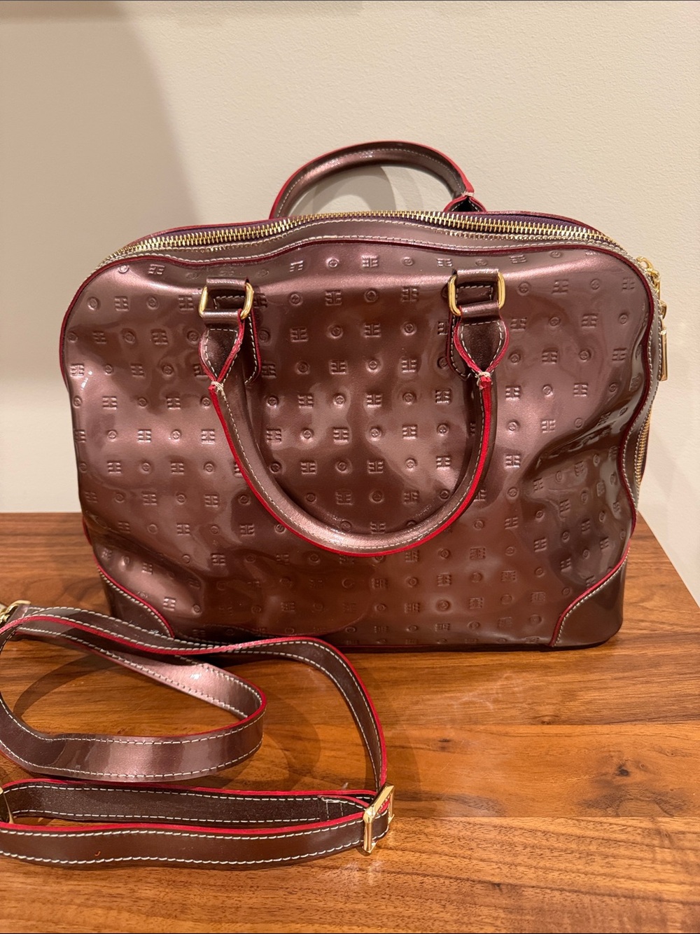 Arcadia Blush Patent Leather Embossed Satchel with Red Trim and Crossbody Strap
